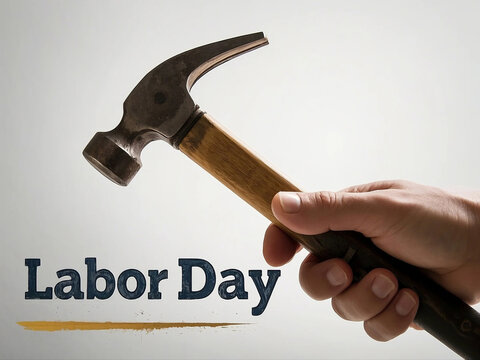 Cropped shot of man holding hammer isolated with labor day text  for tool and laber concept