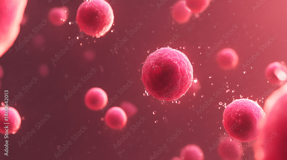 Poster microscopic view of multiple pink cells suspended in a fluid like medium with a reddish background