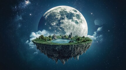 Floating island, night sky, moon, serene landscape