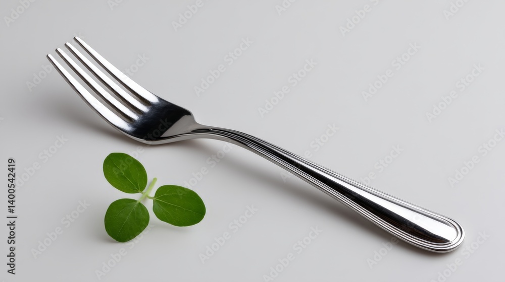 Aufkleber silver fork placed diagonally with green micro herbs scattered on matte background symbolizing culin