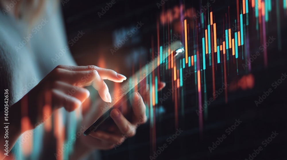 Poster double exposure forex graph and hologram with smartphone interaction