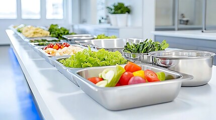 Fresh Salad Bar Buffet Healthy Vegetables in Stainless Steel Trays