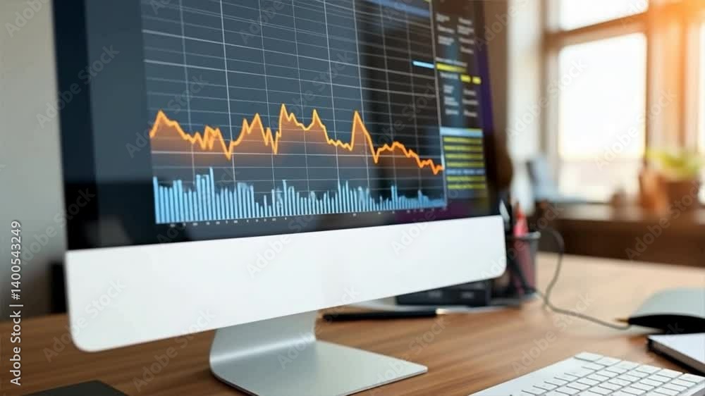 Poster dynamic financial graph on computer screen, showcasing market trends and data analysis used in finan