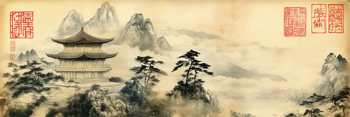 vector illustration of chinese pavilion painting on old vintage silk paper	