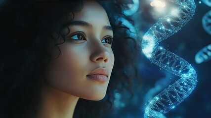 A woman's face is positioned next to a glowing digital DNA helix strand.