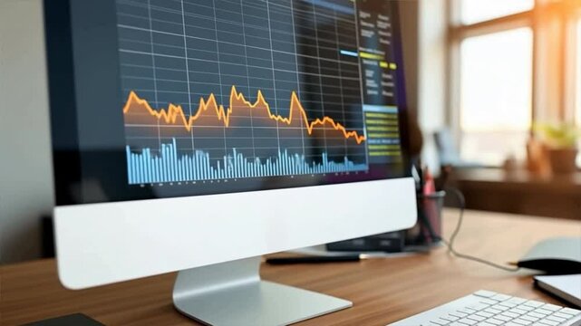 Dynamic financial graph on computer screen, showcasing market trends and data analysis used in financial decision-making.