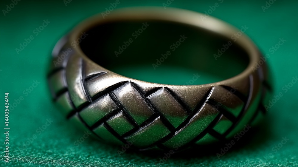 Poster black ring with engraved knotwork design placed on green textured background showing unity symbolism