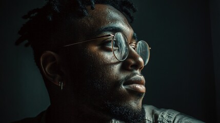 Young African American Man in Glasses with Dramatic Lighting