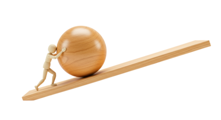 Isolated Wooden Figure Pushing a Wooden Ball