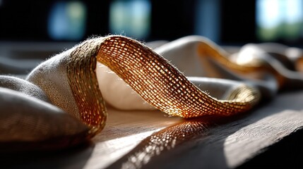 A beautifully illuminated ribbon with a golden edge elegantly drapes, creating a peaceful and serene atmosphere, showcasing a blend of light and texture in an artistic fashion.