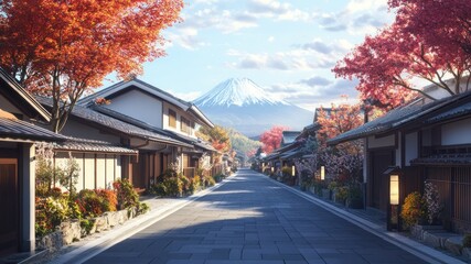Scenic Japanese village street with Mt. Fuji in background, autumn leaves.