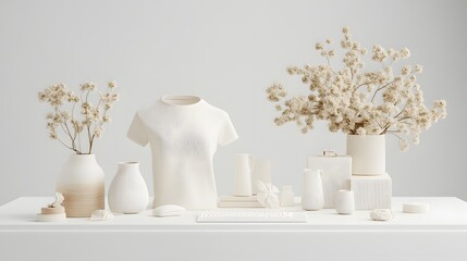 Minimalist White Home Office Still Life with Dried Flowers and Clothing Mockup