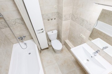 interior apartment room bathroom, sink, decorative elements, toilet