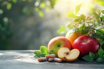 Fresh fruits and dietary supplements arranged on a wooden surface amidst natural greenery