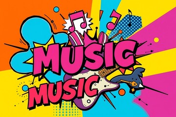 Pop art style composition with bold colors and comic-style music elements