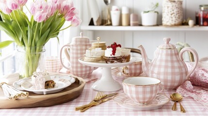 Fototapeta premium Pastel pink gingham tablecloth, cheerful setting for a spring dessert buffet - tulips bunny happy