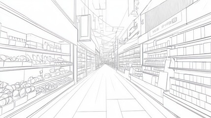 Supermarket aisle sketch, perspective view, interior design