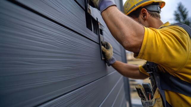 Construction worker installing exterior siding on a building. Featuring precision and care