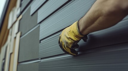 Construction worker installing exterior siding on a building. Featuring precision and care