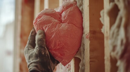 Construction worker installing insulation between wall studs. Featuring efficiency and focus