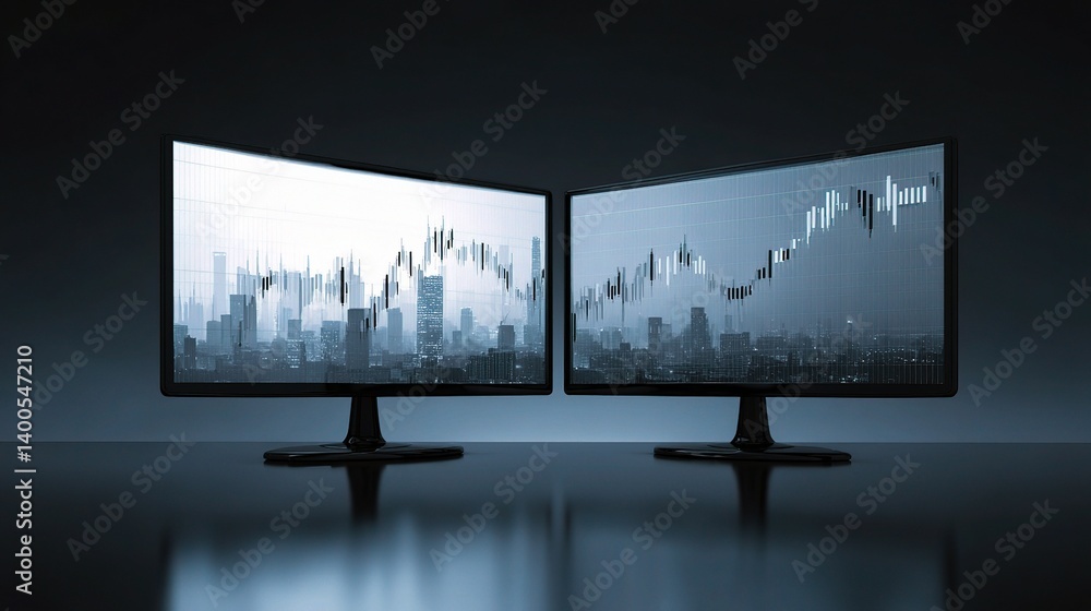 Poster dual screen monitor displaying stock market sharp graphs and data