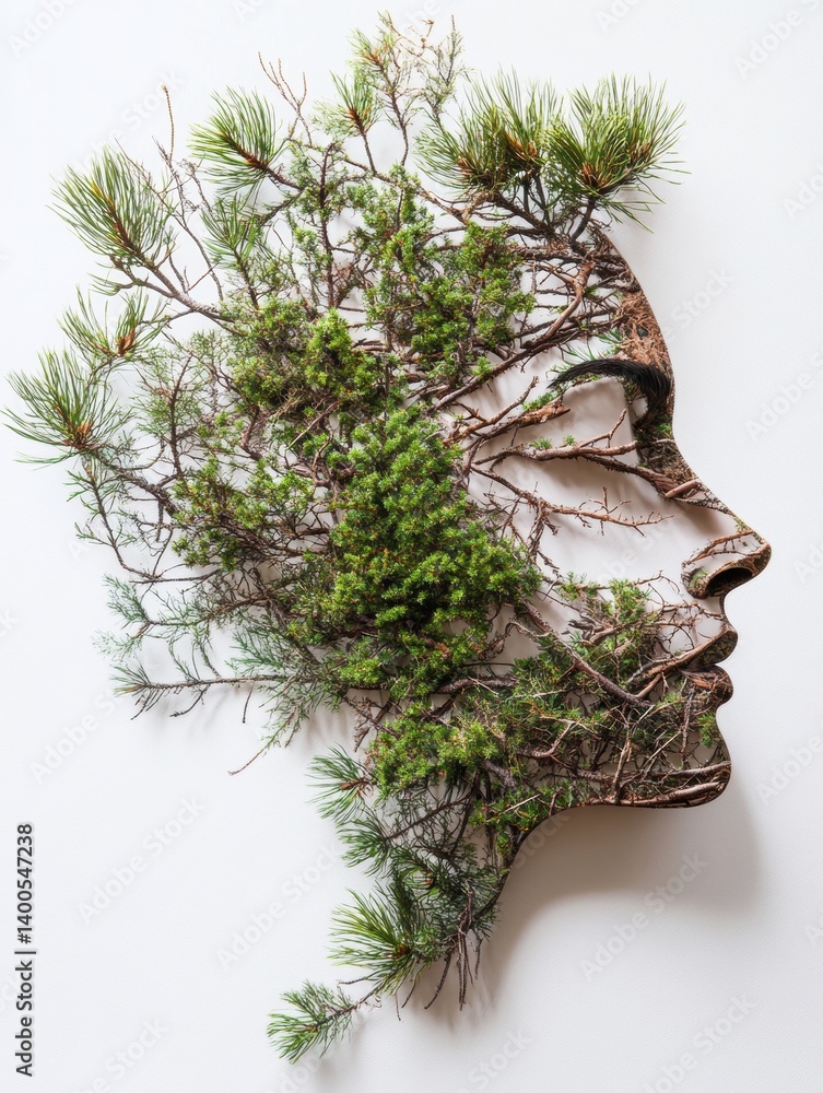 Poster creative face outline formed with pine branches and layered terrain reflects mindful nature concept 