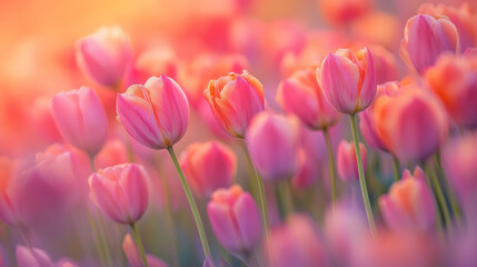 pink tulip field in soft sunrise light, blooming spring flowers, dreamy atmosphere, vibrant colorful floral landscape
