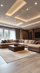 Fototapeta premium Interior view of a living room with a large sectional sofa and lighting.