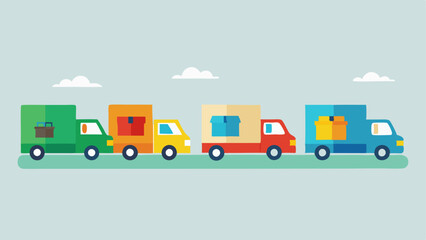 MultiTruck Caravan Several colorful delivery trucks on the road together each filled with various themed packages driving in formation towards their destination.