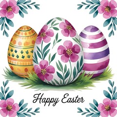 Watercolor picture with three floral Easter eggs. The inscription on the picture "Happy Easter".