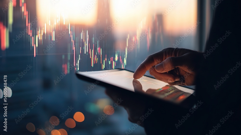 Poster forex trading insights with hand on tablet displaying graph overlay