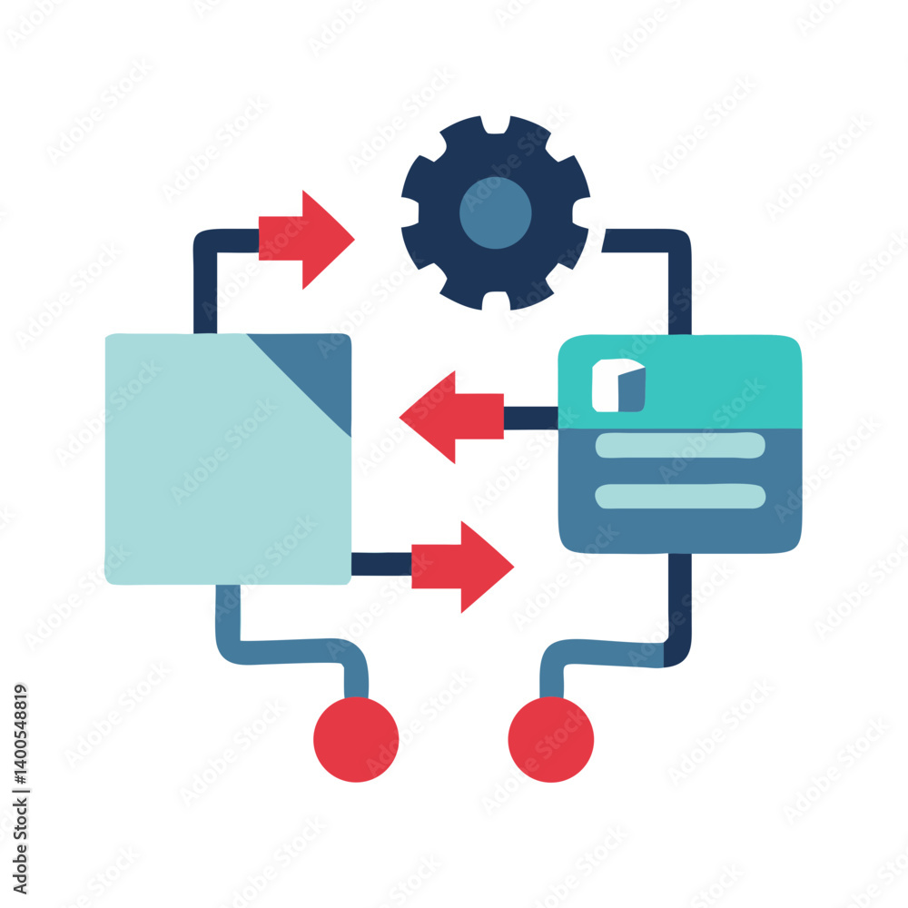Poster data flow icon with gear and arrows in flat style
