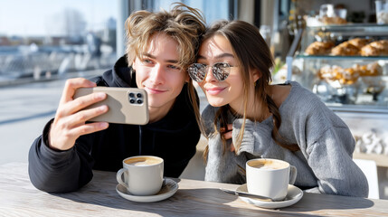 Couple Taking Selfie at Outdoor Café Table