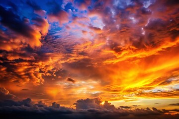 Fototapeta premium Dramatic Sunset Sky with Warm Hues, Orange and Yellow Cloudscape - Architectural Photography Background