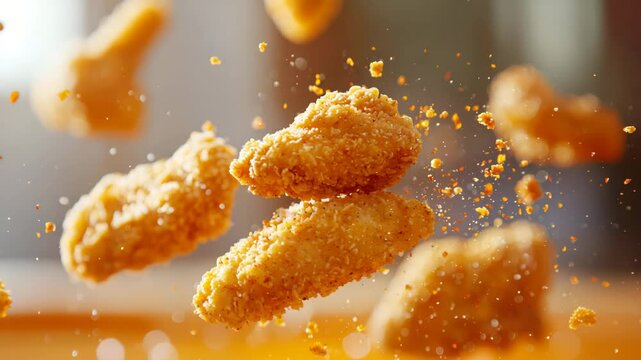 Crispy Chicken Nuggets Floating in Midair