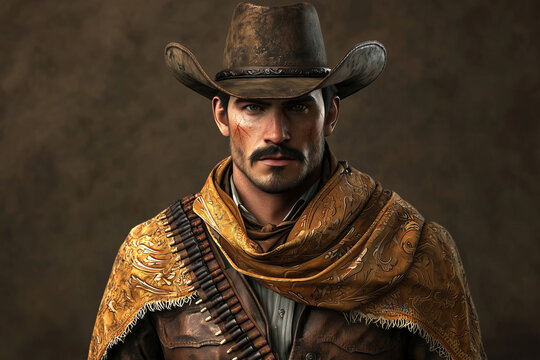 Man wearing a cowboy hat and rugged attire, showcasing a serious expression with a detailed patterned scarf, set against a rustic background