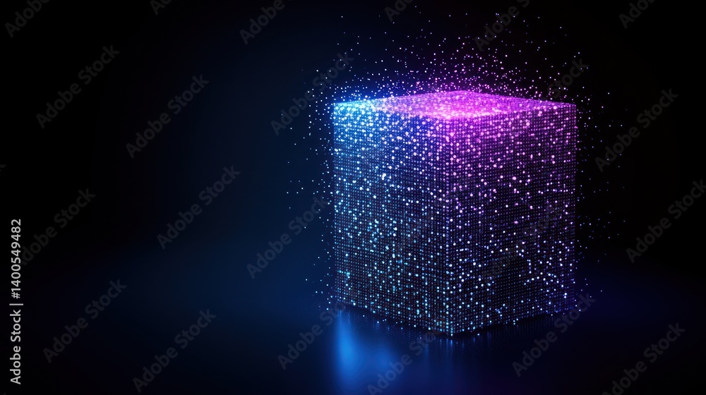 Poster neon cube particle explosion on dark studio