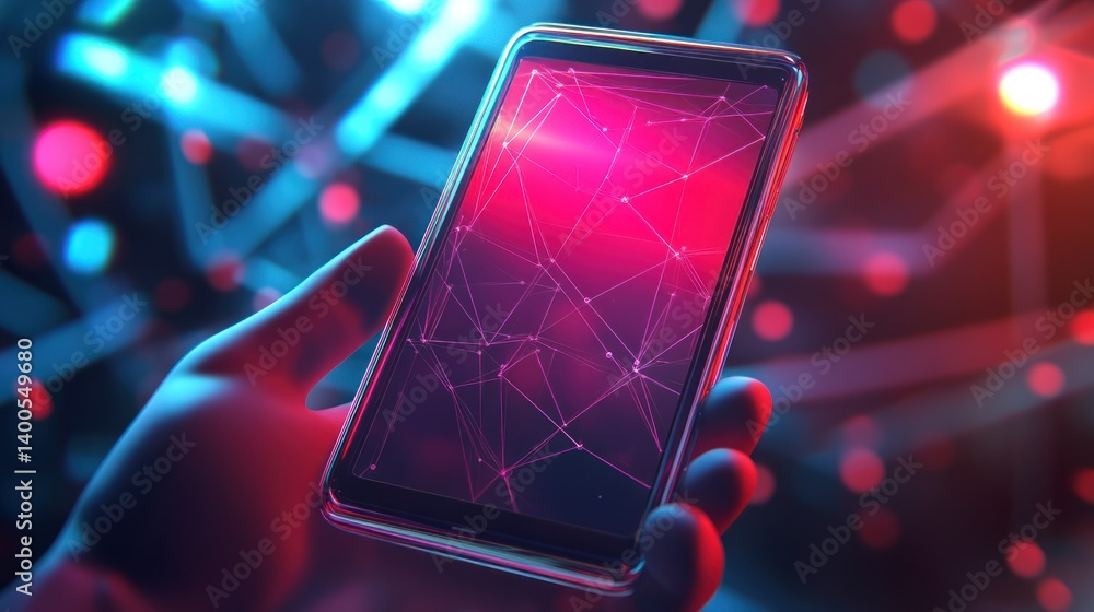 Poster hand holding smartphone with abstract network display in vibrant lighting