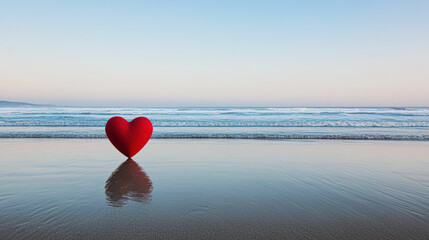 Fototapeta premium A red heart shape on a calm beach reflects in the water against a serene sky.