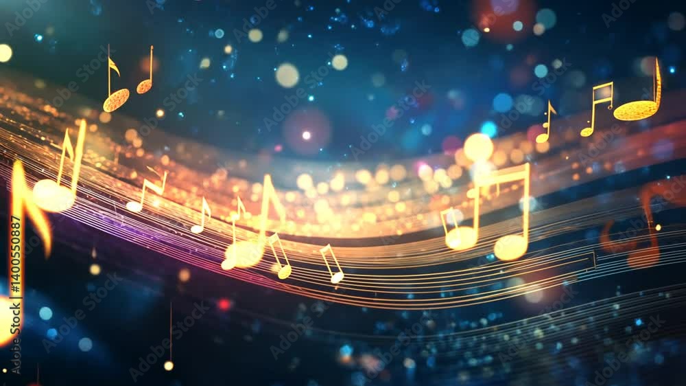 Poster Abstract Musical Notes Floating with Luminous Particle Effect and Elegant Glow