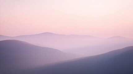 Fototapeta premium Soft, hazy mountain ranges fade into a pale pink sky, a serene and minimalist illustration. Generative AI