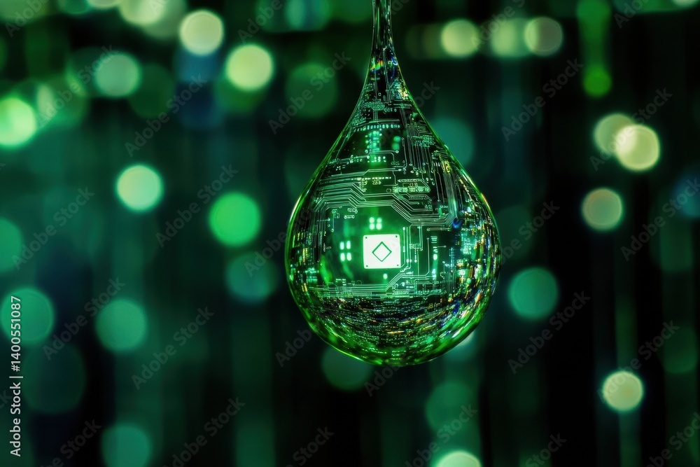 Poster macro water droplet reflecting digital circuit, showcasing the fusion of nature and technology in a 