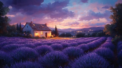 Enchanting oil painting of Provence at twilight, lavender fields glowing under a soft purple sky, fireflies flickering above the blossoms,