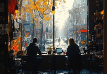 Small Business Owners Collaborating in Coffee Shop Accounting