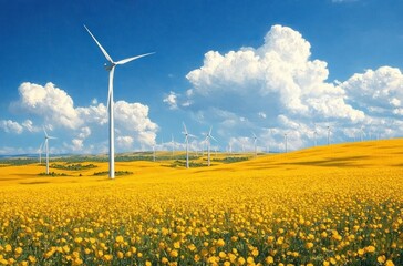 Wind Turbines in Blooming Rapeseed Field Under Clear Blue Sky in Serene Landscape