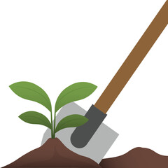Gardening Shovel Planting Young Seedling in Soil: Eco Growth Illustration