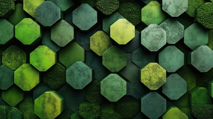 Abstract green hexagonal tile pattern; geometric, dimensional, organic.