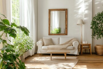 Modern living room with plants and sunlight