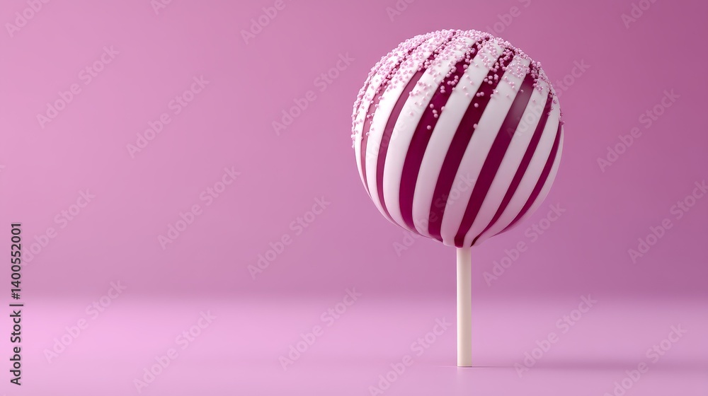 Poster lollipop with pink white swirl on minimal stick standing on pink surface in centered position candy 