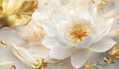 Delicate white lotus flower with gold accents, surrounded by flowing, ethereal elements